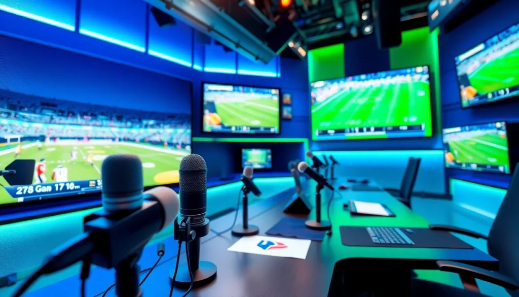 Dynamic sports broadcasting studio capturing live commentary and highlights excitement.