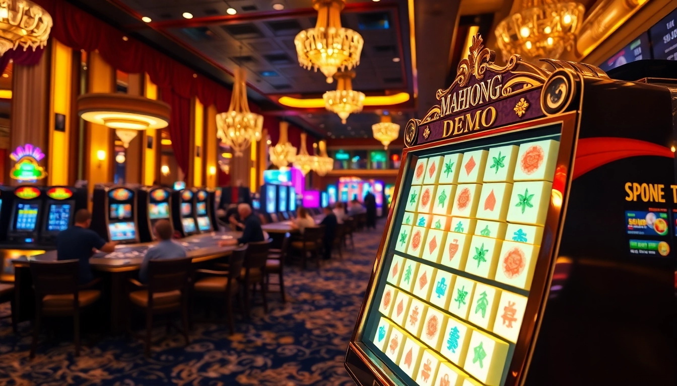 Mesin slot Mahjong demo yang menarik dalam adegan kasino yang hidup dengan pemain yang terlibat.