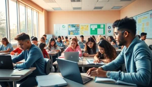 Dynamic classroom scene illustrating education innovation with students collaborating.