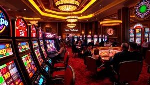 Adegan yang menarik menampilkan kasino yang ramai dengan mesin slot Depo 5k dan para pemain yang bersemangat.