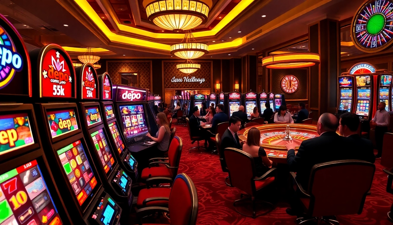 Adegan yang menarik menampilkan kasino yang ramai dengan mesin slot Depo 5k dan para pemain yang bersemangat.