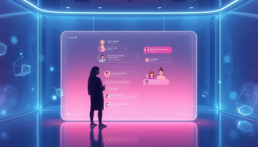 Engaging NSFW AI chat scene with futuristic interface and character avatars.