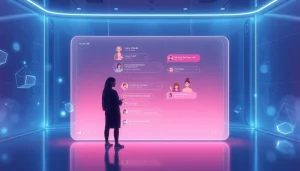 Engaging NSFW AI chat scene with futuristic interface and character avatars.