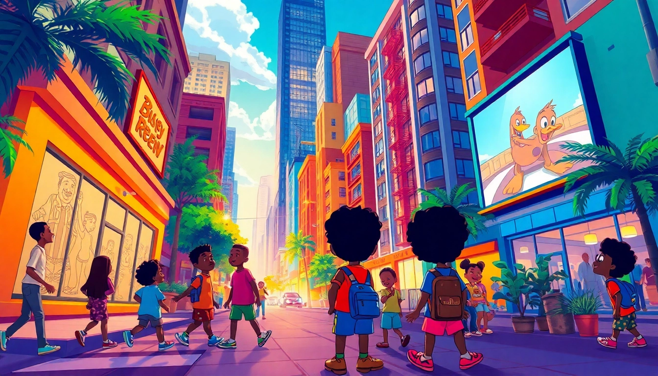 A lively animated scene with African American cartoons characters engaging in a vibrant city, showcasing cultural representation.
