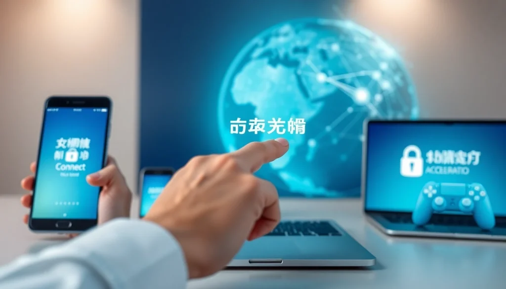 快连下载界面在设备上展示全球连接性和安全功能。