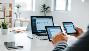 互动用户展示在现代工作空间中使用的 WPS Office，设备包括笔记本电脑、平板电脑和智能手机。