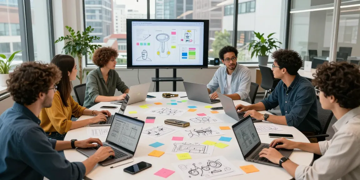 Collaborative team leveraging mixboard ai in a vibrant office environment to generate innovative visual concepts.