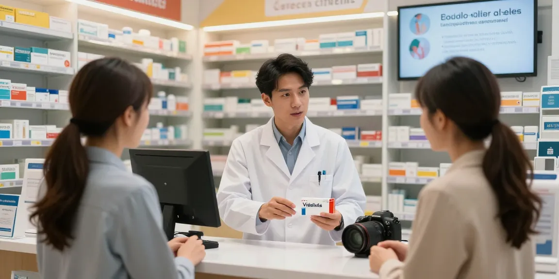 Pharmacist assisting a customer about Vidalista in a modern pharmacy setting, showcasing discreet healthcare support.