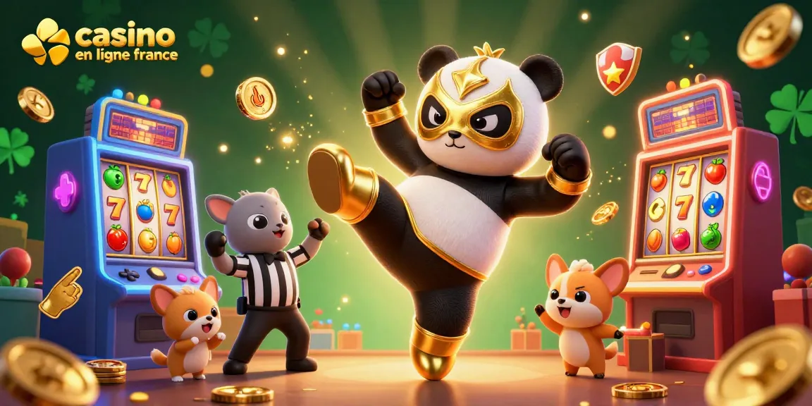 Jouez sur le meilleur casino en ligne France avec cette illustration dynamique d'un panda luttant.