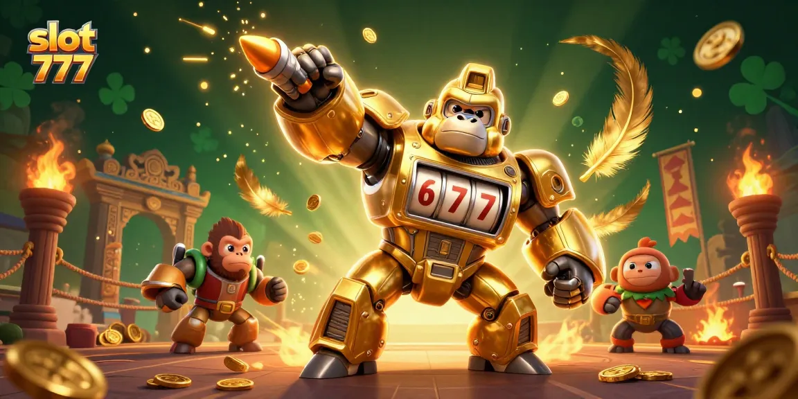 Experience slot 777 excitement with a dynamic 3D gorilla mech and cascading coins!