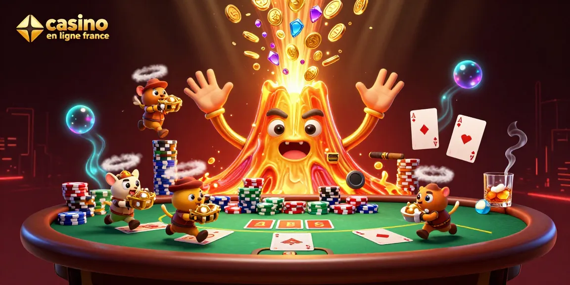 Gagnez avec le casino en ligne France, un volcan doré émettant des pièces et des gemmes dans un cadre dynamique.
