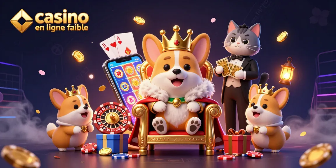 Jouez sur un casino en ligne fiable avec des machines à sous et cartes, entouré de corgis royaux.