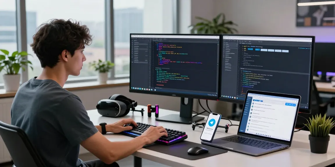 Developer coding with Telegram bot interface in modern tech workspace.
