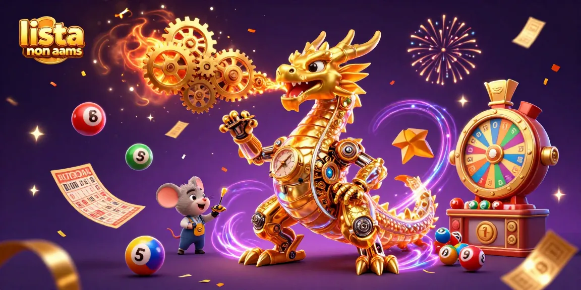 Scopri la lista casino non aams con un drago dorato e elementi di lotteria in un'illustrazione vivace.