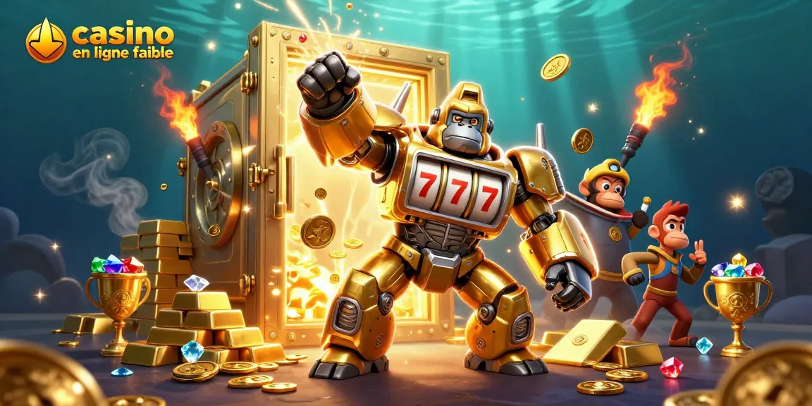 Illustration d'un casino en ligne fiable avec un gorille en méca, des pièces d'or et des jackpots en arrière-plan