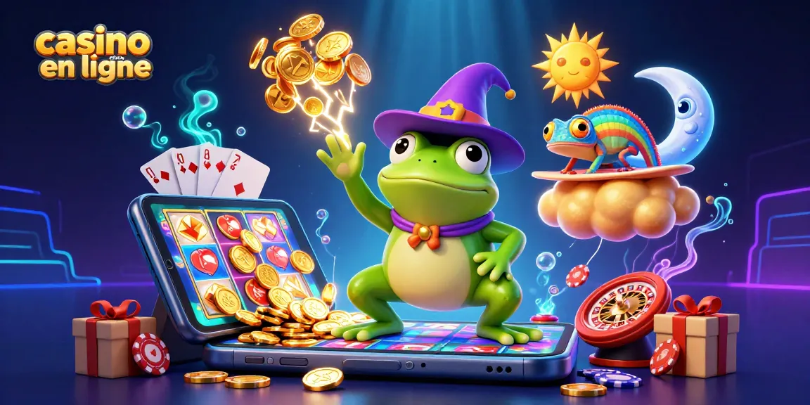 Illustration 3D de casino en ligne en France avec une grenouille magicienne et un caméléon, éclats d'or et jeux de cartes.