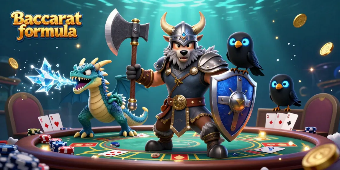 Baccarat formula showcases an epic Viking wolf warrior with a dragon and raven amidst a lively casino scene.