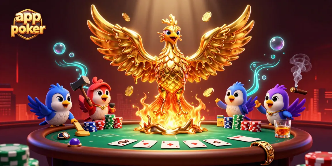 Gioca a poker con le app poker, esplorando un'illustrazione vivace di un fenice dorata e tavoli da poker.