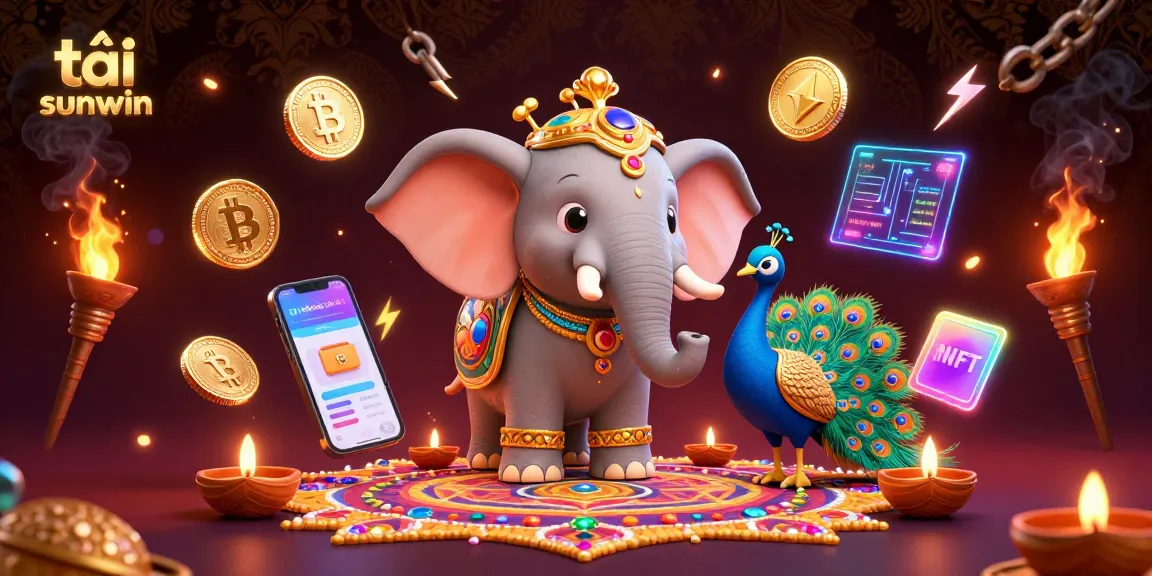 Play and win with tải sunwin, featuring a vibrant 3D scene of a festive elephant amidst crypto and gaming elements.