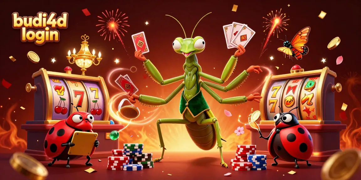 Budi4d login allows gamblers to engage in vibrant slot games with 3D cartoon characters in a festive casino setting.