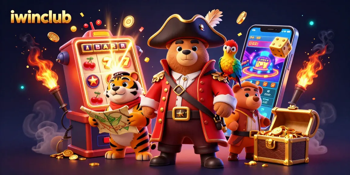 Experience the thrill of iwinclub with a vibrant casino scene featuring a pirate bear and friends.
