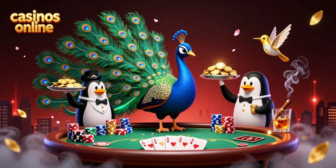 Disfruta de los casinos online con un divertido pavo real aristocrático y un pingüino sirviente
