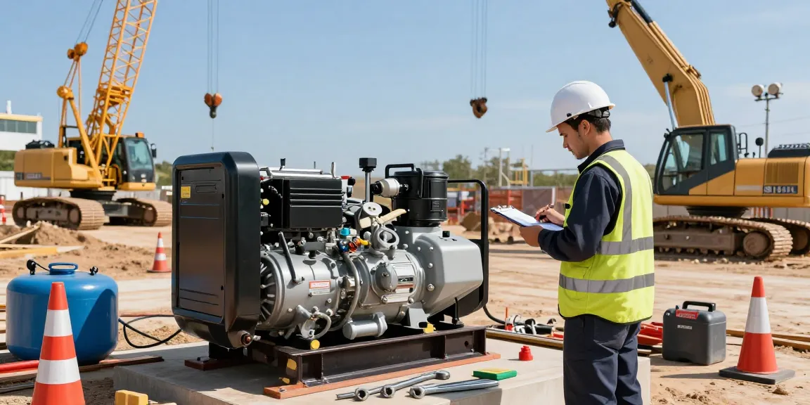 Diesel generator inspection at a construction site, showcasing efficiency in energy solutions and safety protocols.
