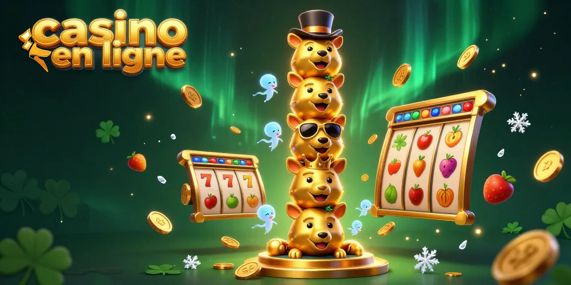 Découvrez un totem de casino en ligne avec des visages d'animaux et des symboles de jackpot en 3D.