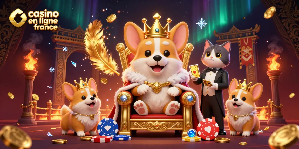 Illustration dynamique de jeu sur un casino en ligne en France, mettant en scène un corgi royal entouré de symboles de poker.