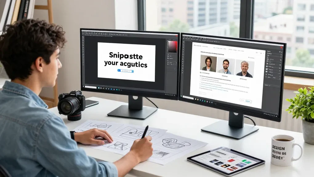 Professional using 截图工具 in a modern workspace with multiple screens.