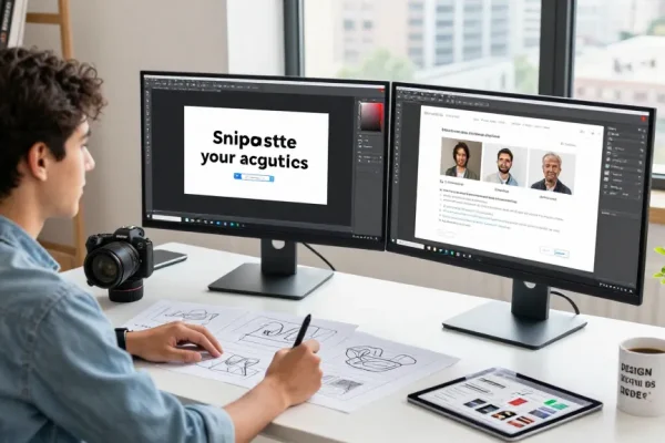 Professional using 截图工具 in a modern workspace with multiple screens.