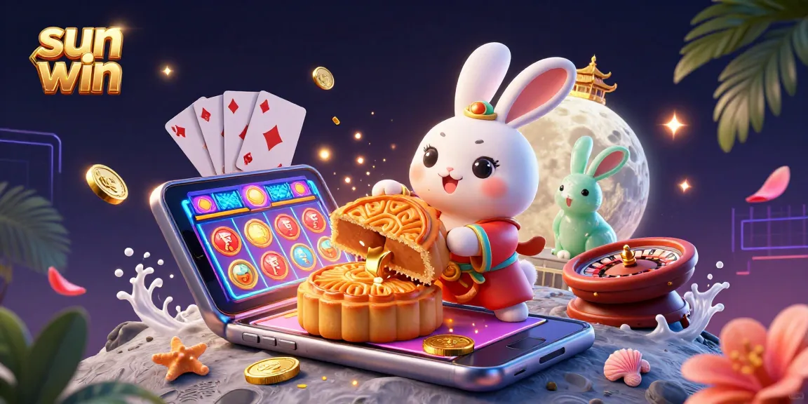 Engaging scene of the sun win moon rabbit character amidst casino games, revealing poker chips.