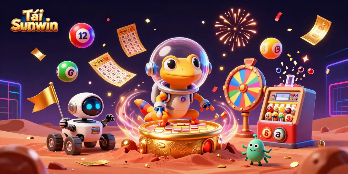 Tải Sunwin with a Martian gecko and a robot rover celebrate in a golden casino, amid colorful lottery elements.