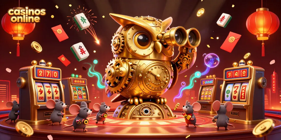 Disfruta de los mejores casinos online con una ilustración vibrante de un búho dorado y filas de tragamonedas.