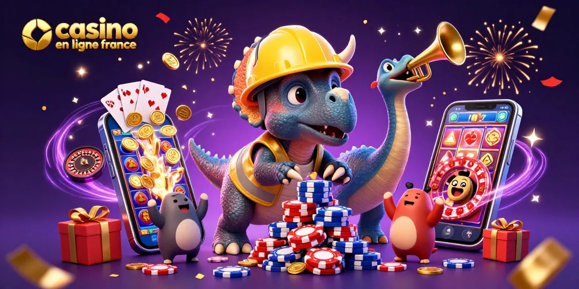 Jouez dans le casino en ligne en France avec la joyeuse illustration d'un dinosaure maniant des jetons de poker.