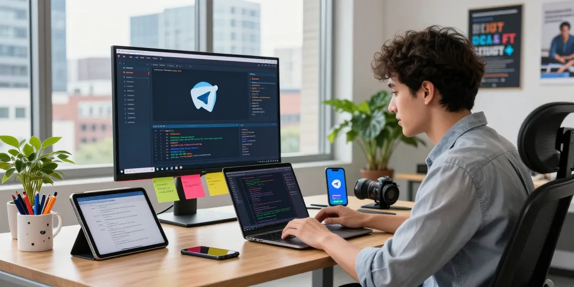 Developer coding on Telegram application in a vibrant office workspace, emphasizing the telegram官网 experience in a tech-savvy environment.