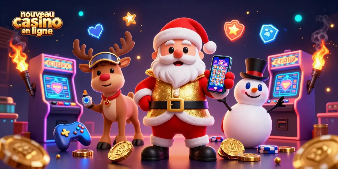 Nouveau casino en ligne avec le Père Noël, un renne et un bonhomme de neige illustrant une expérience ludique dynamique.
