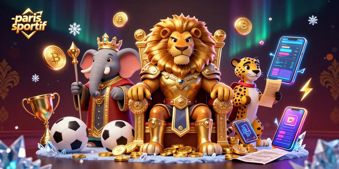 Pariez sur les résultats sportifs avec "paris sportifs", illustré par un lion royal et des éléments de casino.