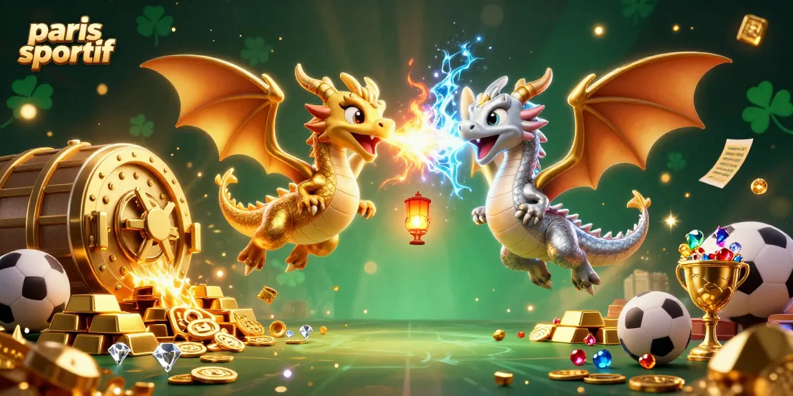 Pariez sur des événements sportifs avec paris sportif, dragons 3D en vol, symbole de victoire et de chance.