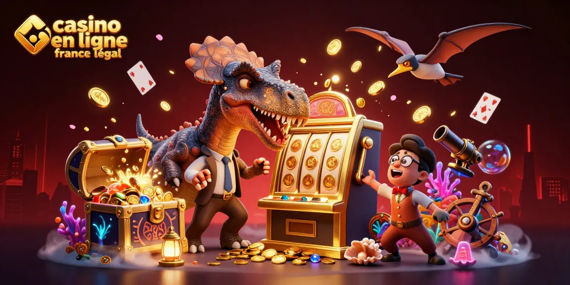 Une scène dynamique illustrant le casino en ligne légal en France avec des créatures préhistoriques et des rouleaux dorés