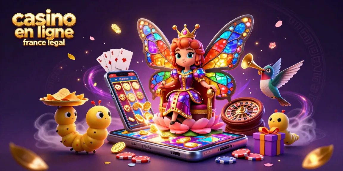 Illustration de la reine papillon, un casino en ligne France légal avec des serviteurs et des jeux colorés.