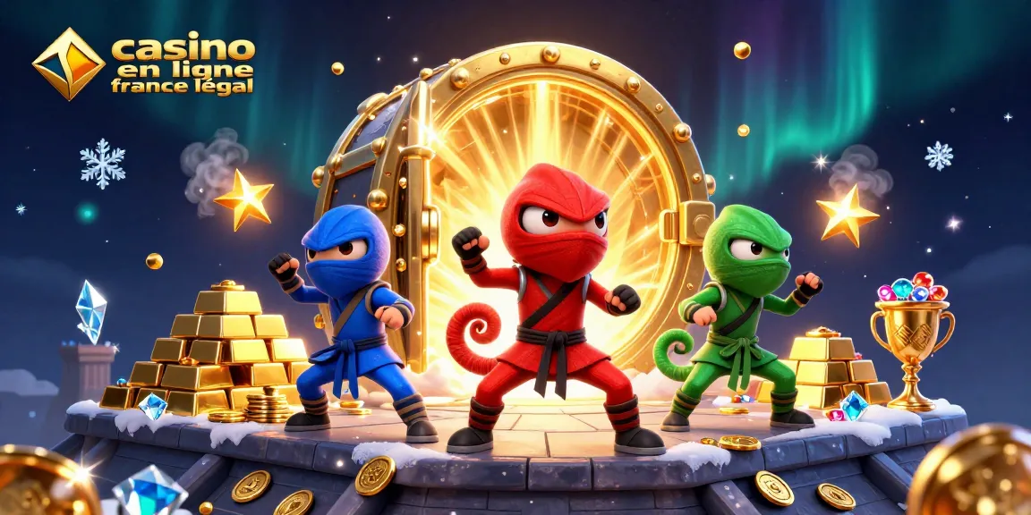 Jouez sur casino en ligne France légal avec une illustration dynamique de ninjas et de trésors.