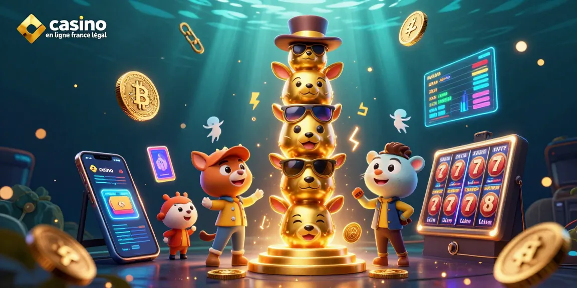 Illustration dynamique représentant le casino en ligne légal en France avec un totem 3D et des éléments de jeux.