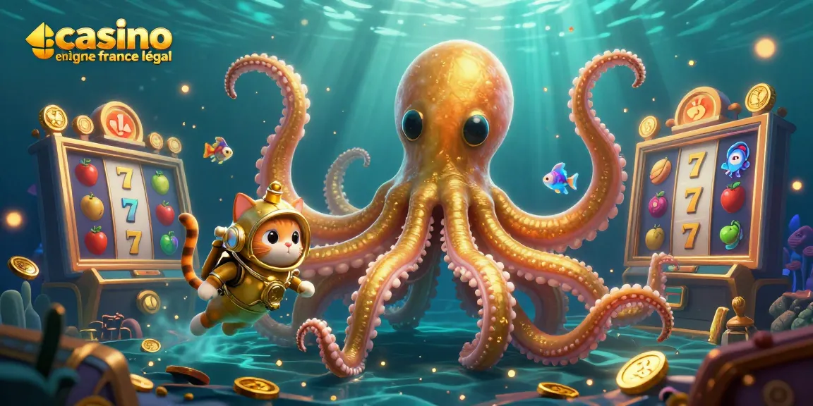 Jouer dans un casino en ligne France légal et découvrir un kraken légendaire entouré de pièces d'or et de machines à sous.