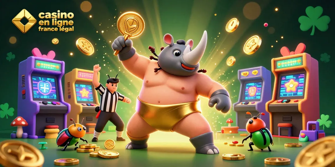 Illustration captivante de casino en ligne France légal, avec un rhinocéros scarabée sumo célébrant un grand gain.