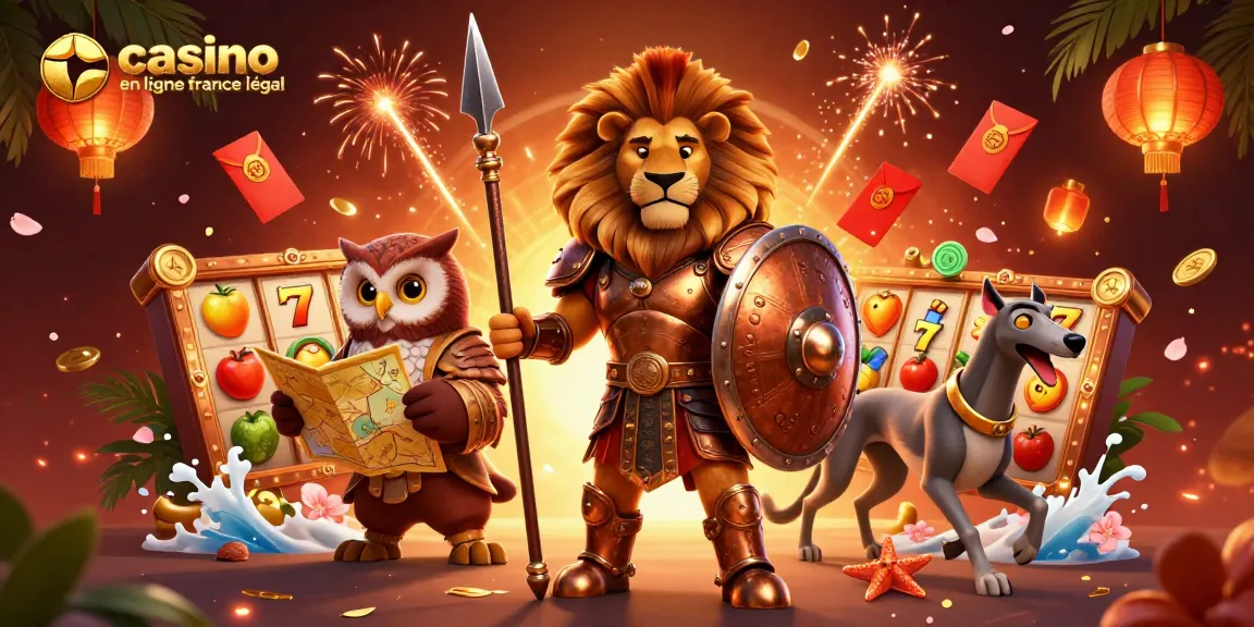 Jouez à un casino en ligne légal en France avec des personnages dynamiques illustrés dans un cadre coloré.