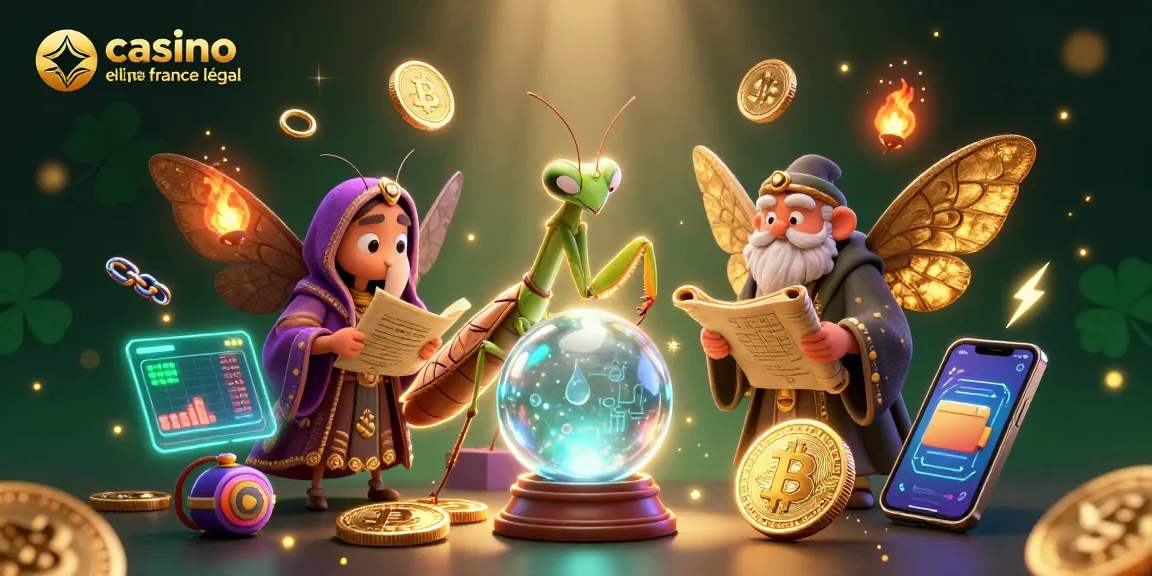 Profitez des jeux au casino en ligne France légal avec une scène animée de personnages fantastiques et des éléments numériques.