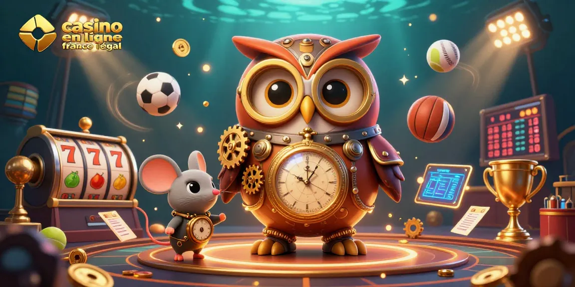 Visualisez le jeu dans un casino en ligne France légal avec l'illustration dynamique d'un hibou temporel.