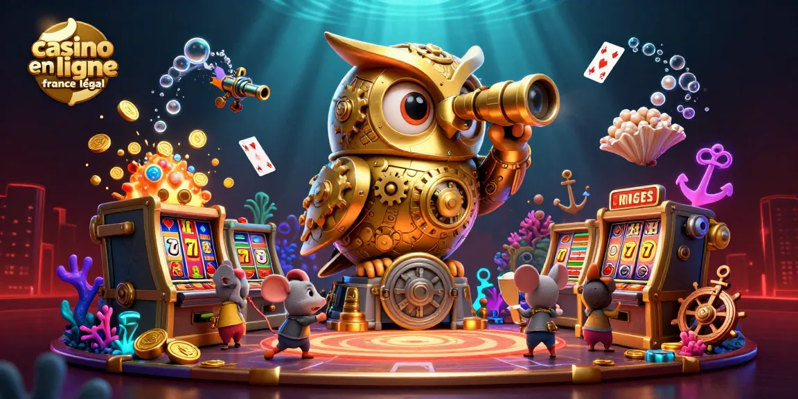 Illustration dynamique de casino en ligne légal en France montrant un hibou en or et des souris dans un décor riche.