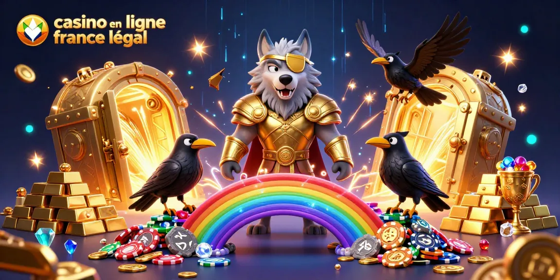 La scène dynamique présente "casino en ligne France légal" avec le loup Odin et des trésors scintillants.